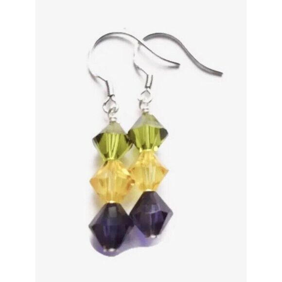 Green Yellow Violet Purple Swarovski Crystal Beaded Sterling Silver Earrings - Picture 2 of 4